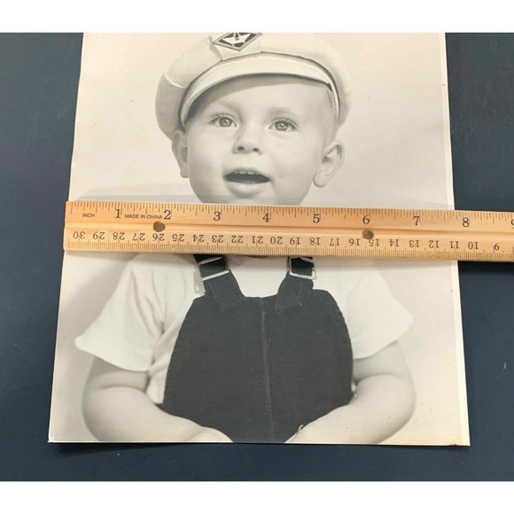 Vintage Found Photo Baby Boy In Sailor Hat Overalls 8 x 10 - Picture 3 of 7